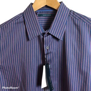 Perry Ellis Dressy Essentials Mens Large Long Sleeve Blue Striped Shirt $79.50